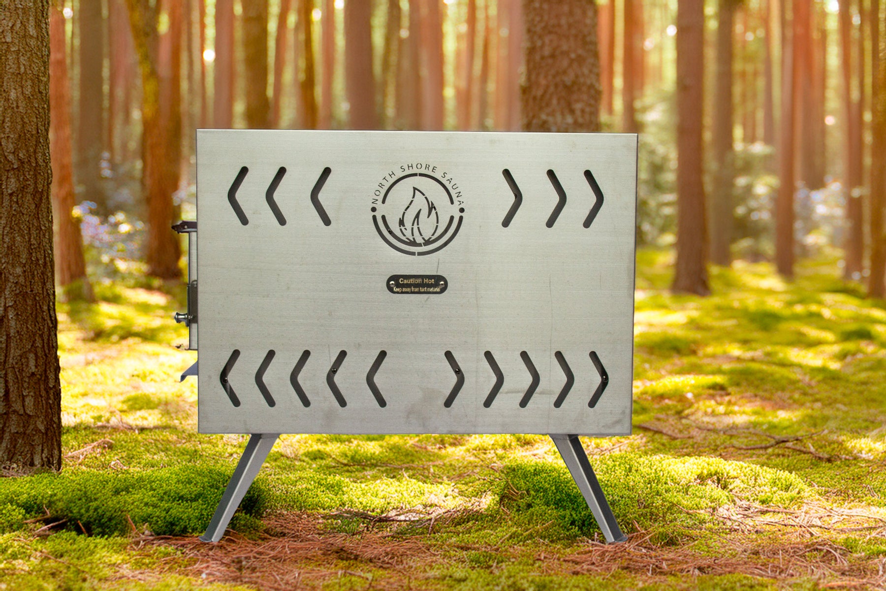 Portable stove with branding in a forest setting