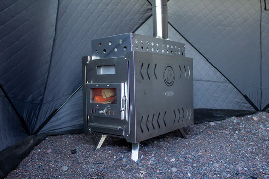 portable stove with fire burning