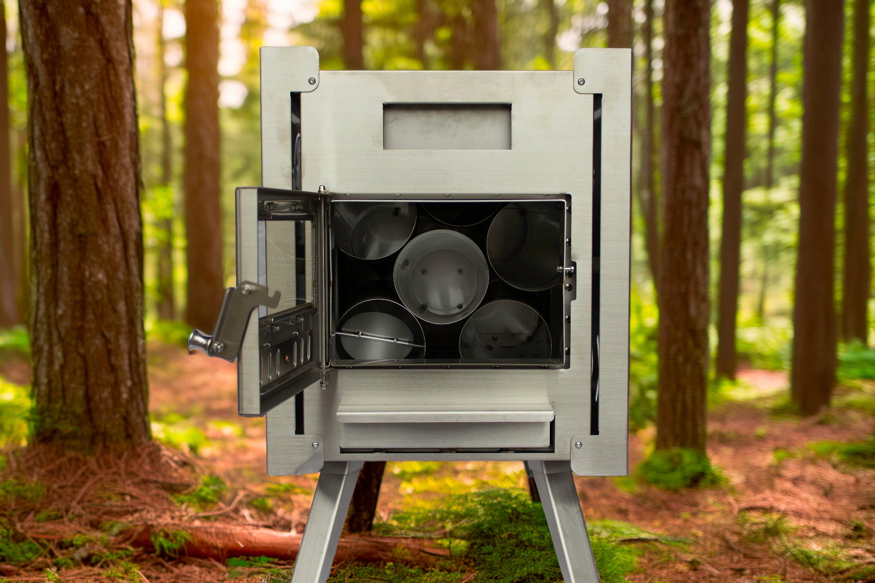 wood fired stove with the door open
