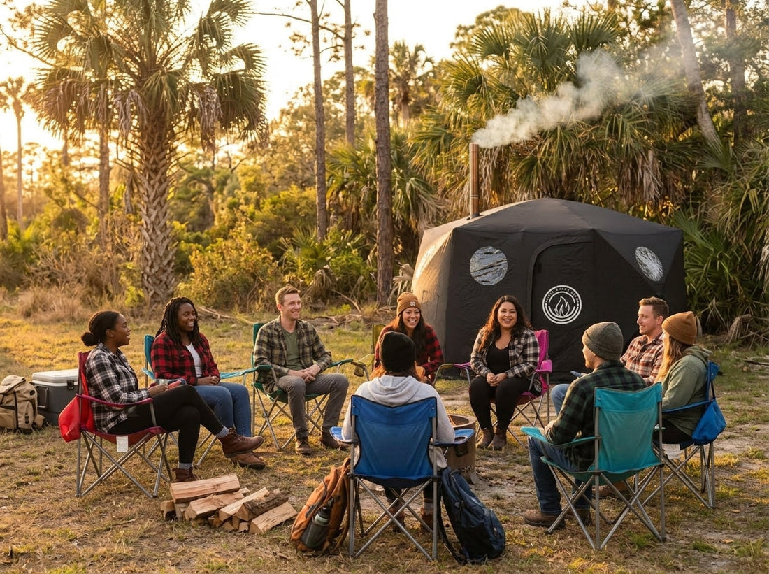 group of friends enjoying a North Shore Sauna tent