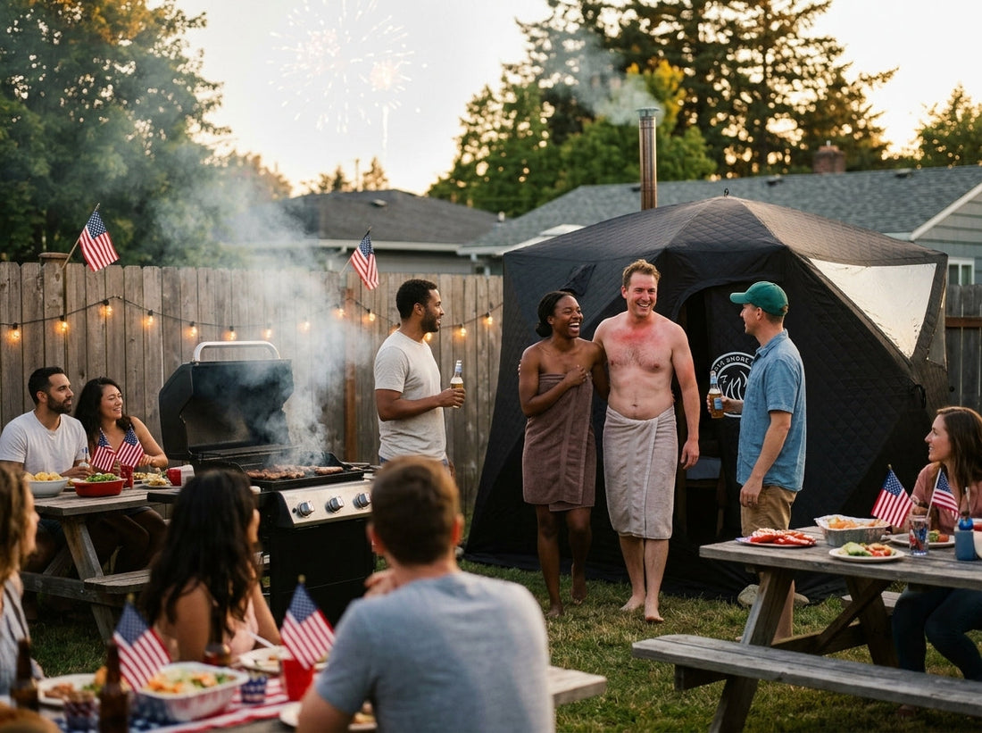 North Shore Sauna tent set up at 4th of July party