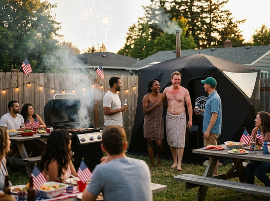 North Shore Sauna tent set up at 4th of July party