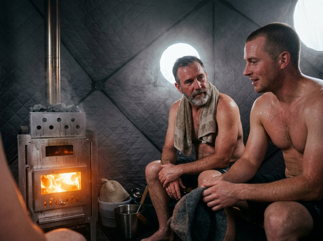 men using portable sauna tent