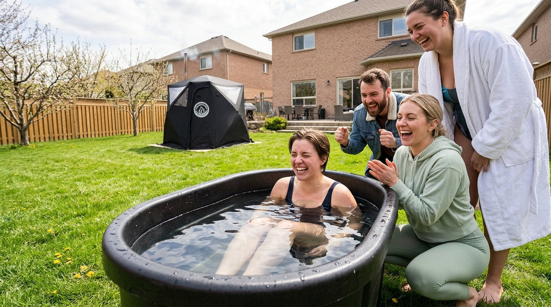 people in a cold plunge with a North Shore Sauna tent behind them