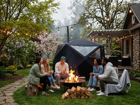 friends using portable sauna tent