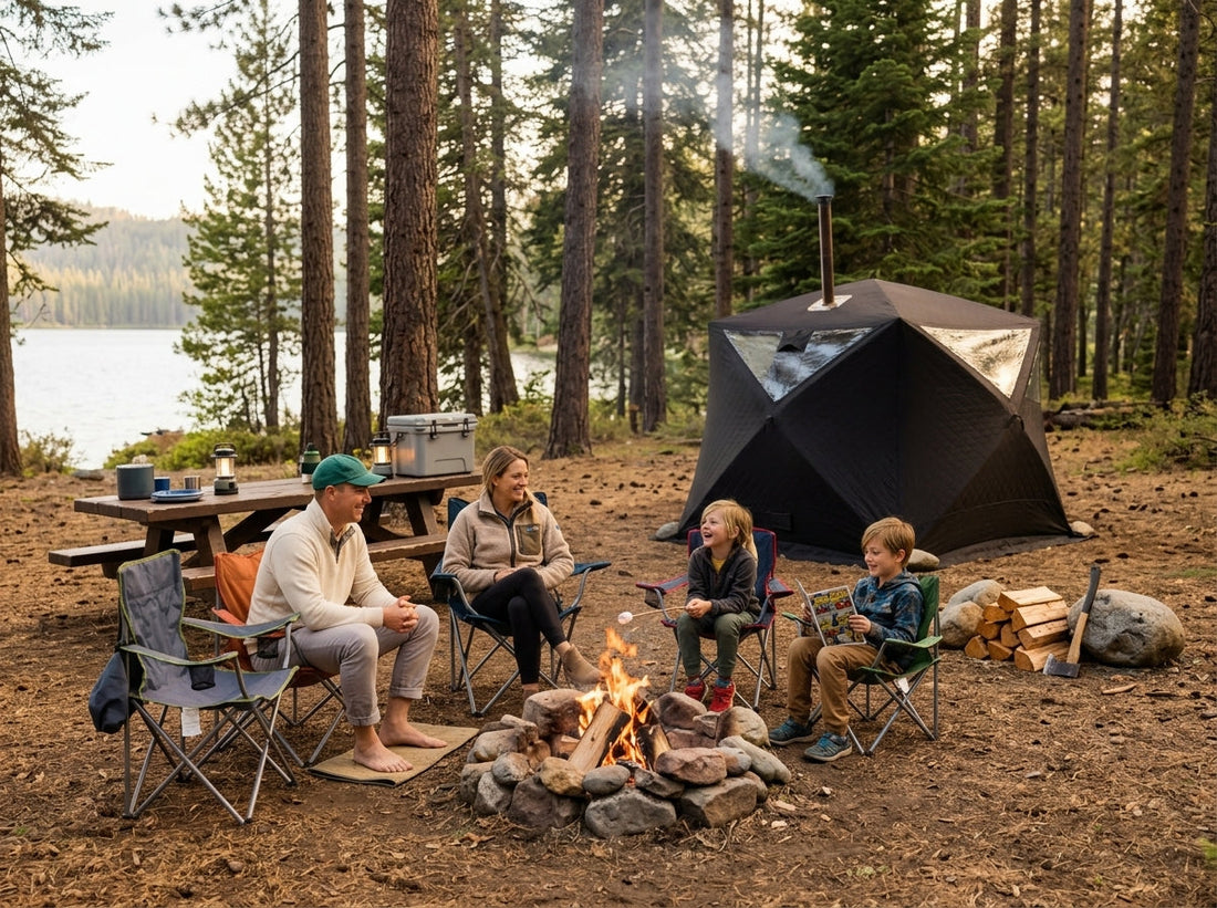 a family camping with their North Shore Sauna sauna tent
