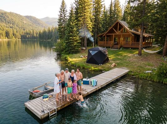 family at log cabin enjoying a North Shore Sauna tent