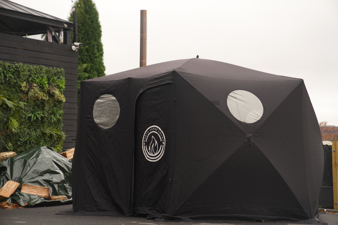 Portable wood-burning sauna gear packed down, illustrating the ease of transport for any model in the guide